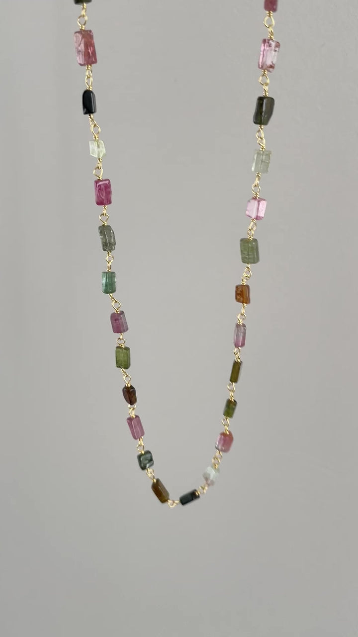 Rectangle stones of tourmaline in pinks and greens wire wrapped in rosary style chain
