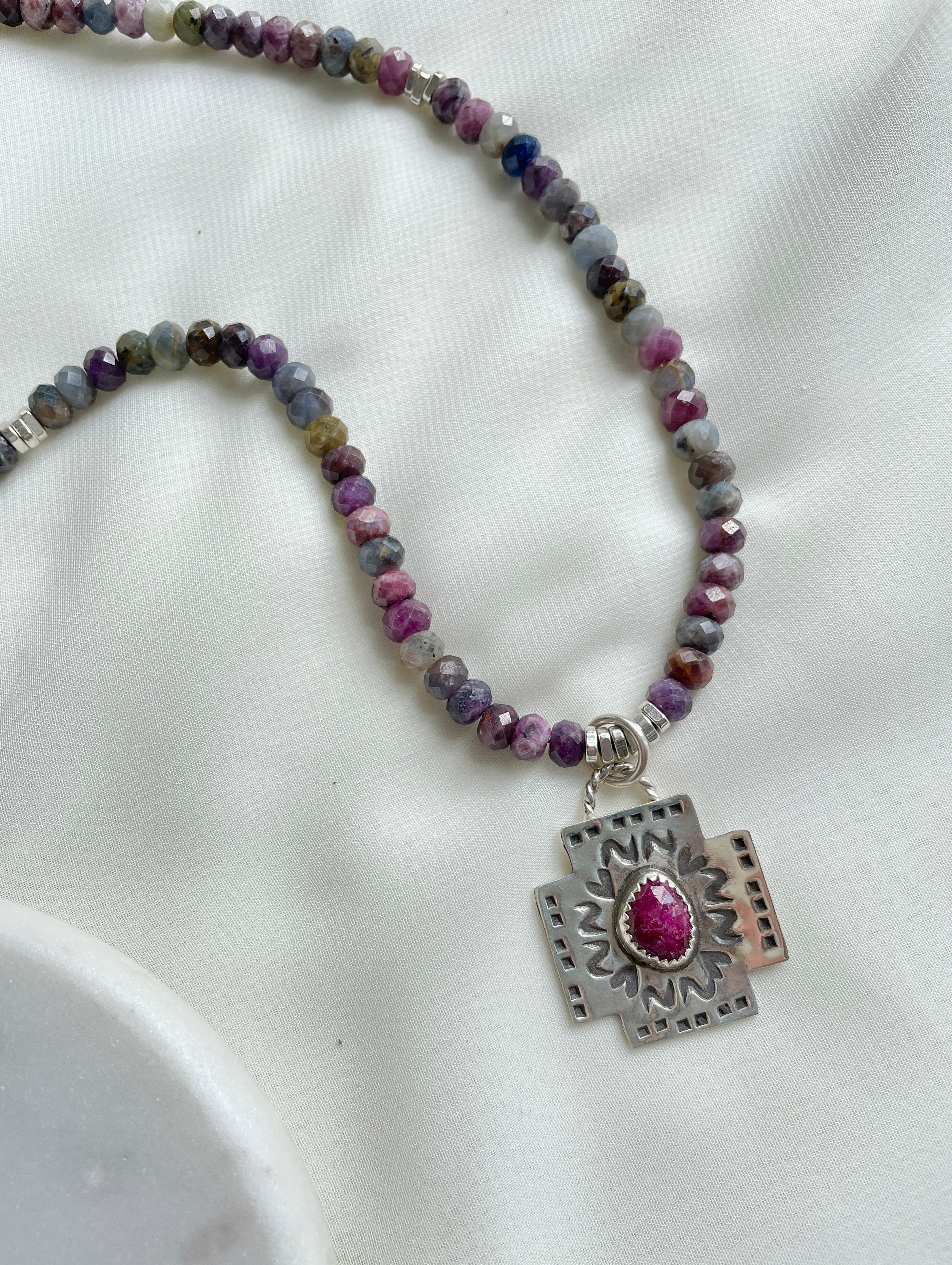 Ruby Cross  and Natural Sapphire Necklace