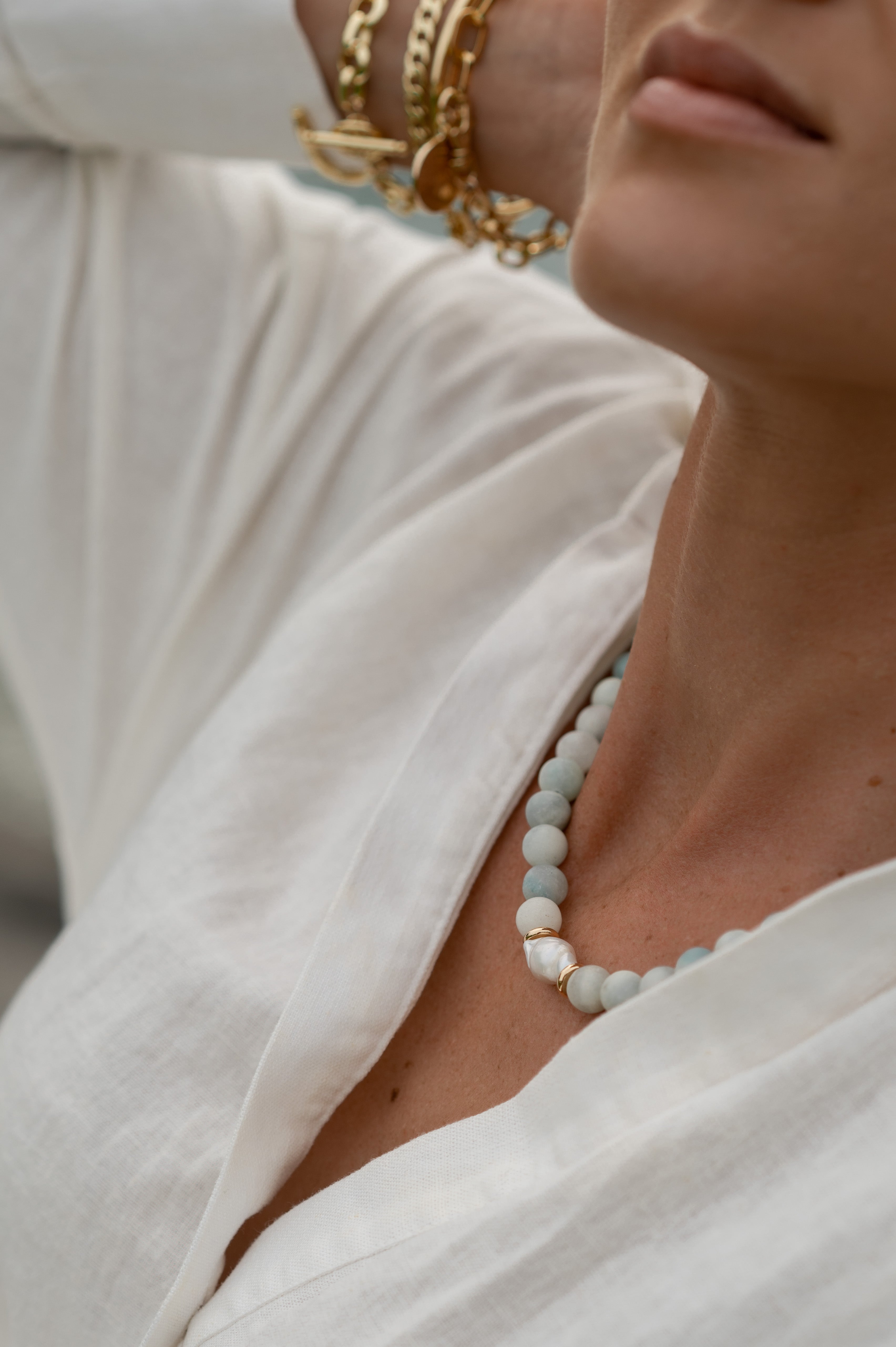 Cross Country Aquamarine and Pearl Necklace